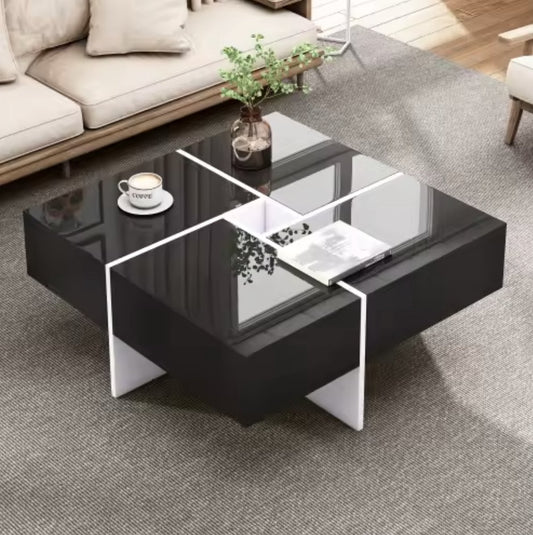 Coffee table - High-gloss coffee table - Square coffee table - 4 drawers - Extendable - High-gloss black - 70x70x35cm