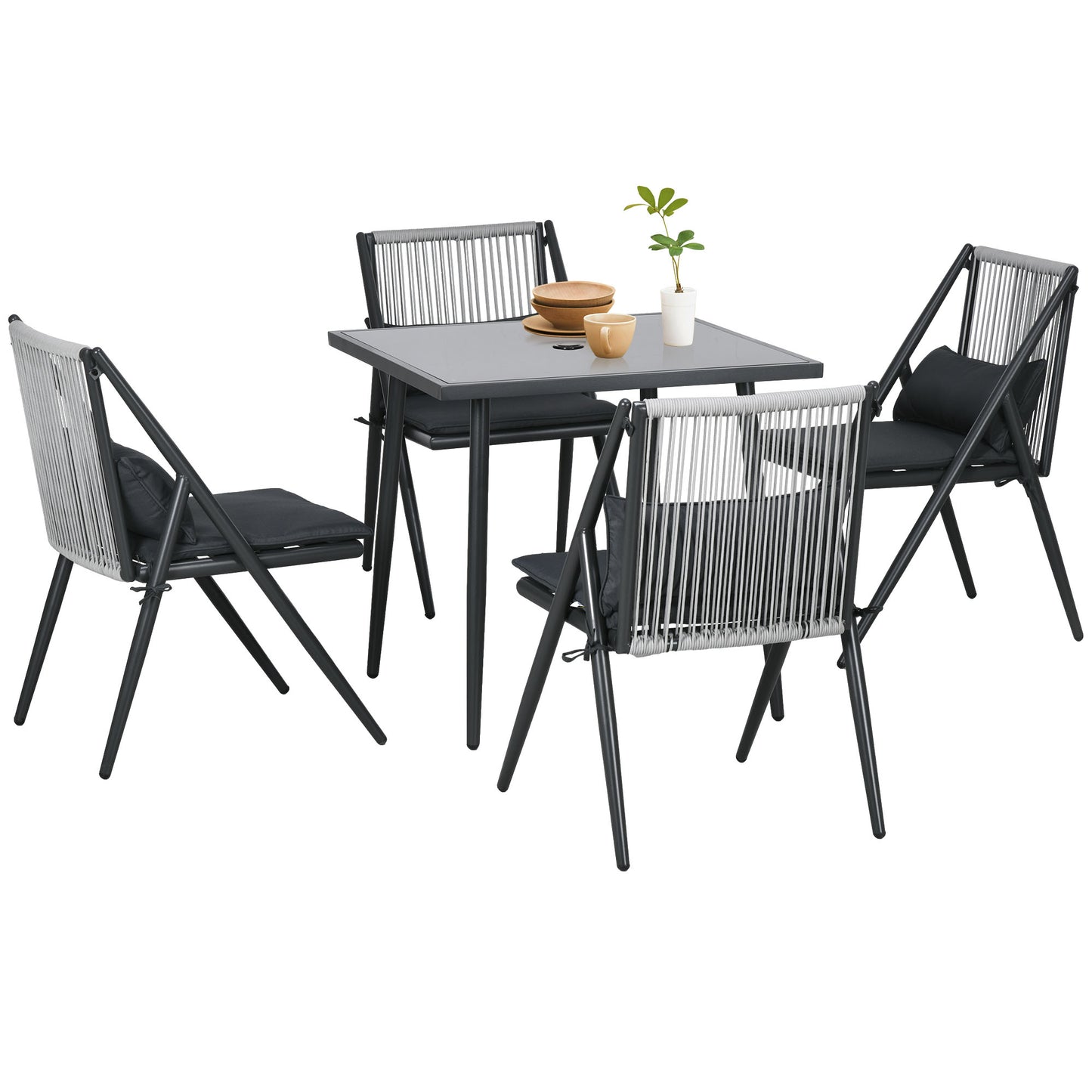 Tuinset – Tuinmeubelset – Buitenmeubelset – Terrasset – Diningset – 5-delig Met 4 Comfortabele Stoelen – Aluminium Frame Met Geharde Glazen Tafel