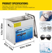Ultrasoon Reiniger - 6L - Roestvrij Staal - Professionele Ultrasone Reinigingsapparaat - met Timer Verwarming - voor Sieraden Brillen Tanden - Zilver