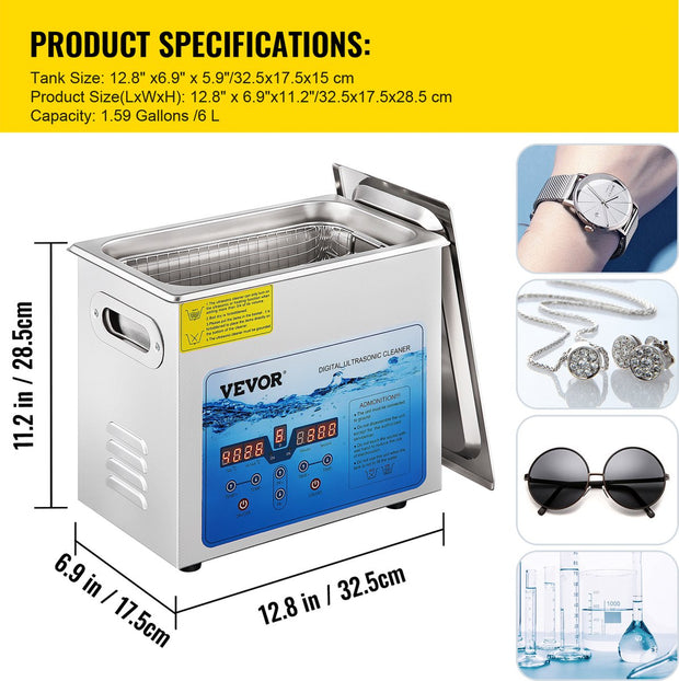 Ultrasoon Reiniger - 6L - Roestvrij Staal - Professionele Ultrasone Reinigingsapparaat - met Timer Verwarming - voor Sieraden Brillen Tanden - Zilver