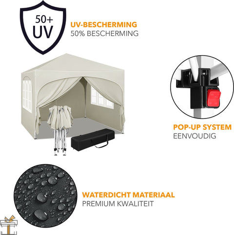 Partytent met zijwanden - Beige - Opvouwbaar - Easy up - Paviljoen - Waterdicht weerbestendig - 3x3 m
