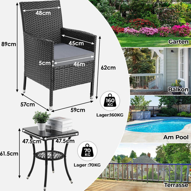 Garden set - Balcony set - Rattan Wicker Chairs - Incl. Table - Terrace - Balcony - Garden furniture - Bistro Set - With Cushions - Gray