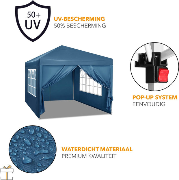 Partytent met zijwanden - Easy up - Opvouwbaar - Paviljoen - Waterdicht weerbestendig - Blauw - 3x3 m