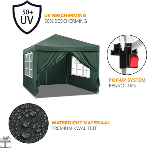 Partytent met zijwanden - Groen - Opvouwbaar - Easy up - Paviljoen - Waterdicht weerbestendig - 3x3 m