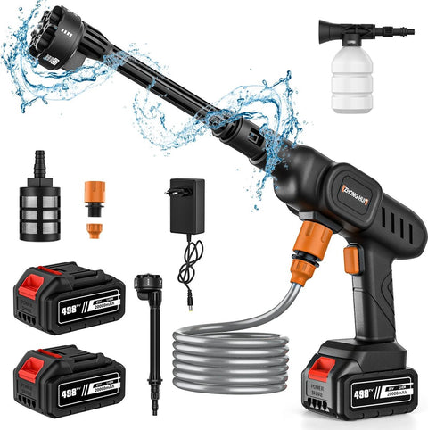 Pressure Washer - High Pressure Sprayer - 3 Gears - Cordless - Full Set - Foam Spray - 6in1 Adjustable Nozzle - 5meter Hose - 5 Accessories - 2x Battery Included - 60Bar - 10L/M - 10meter Range - 21V Battery - Black