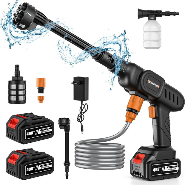 Pressure Washer - High Pressure Sprayer - 3 Gears - Cordless - Full Set - Foam Spray - 6in1 Adjustable Nozzle - 5meter Hose - 5 Accessories - 2x Battery Included - 60Bar - 10L/M - 10meter Range - 21V Battery - Black