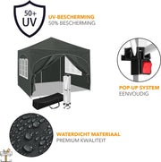 Partytent met zijwanden - Grijs - Opvouwbaar - Easy up - Paviljoen - Waterdicht weerbestendig - 3x3 m