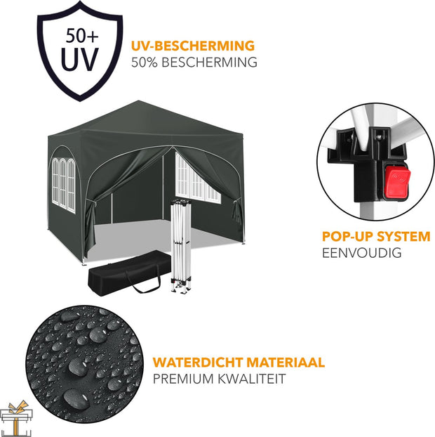 Partytent met zijwanden - Grijs - Opvouwbaar - Easy up - Paviljoen - Waterdicht weerbestendig - 3x3 m