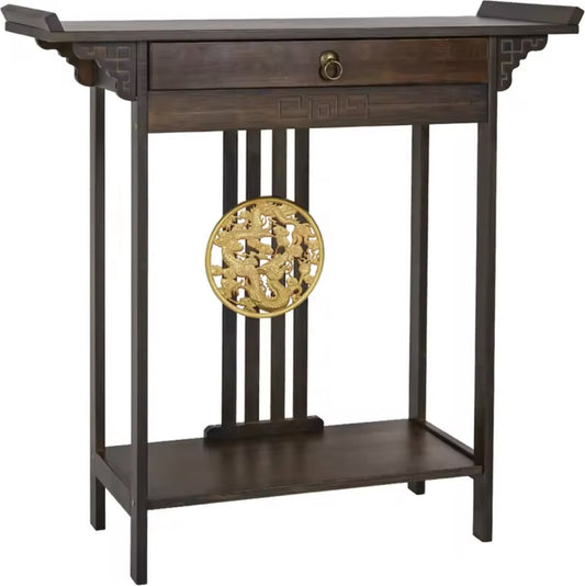 Bijzettafel - Gangtafel - Hal tafel - Antiek look - Donker hout - Bamboe - Met lade - Gouden accenten - Donkerbruin