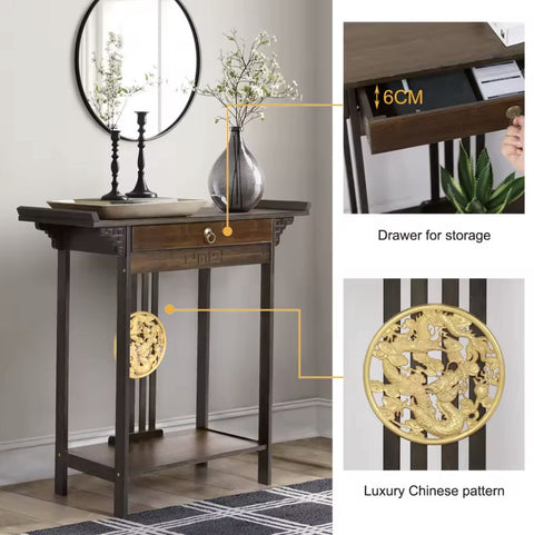 Side table - Hall table - Hall table - Antique look - Dark wood - Bamboo - With drawer - Gold accents - Dark brown