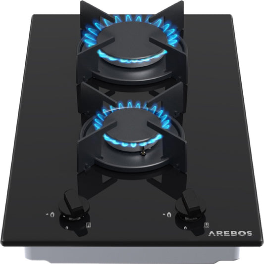 Gas hob 2 burners - glass ceramic - incl. pan rack &amp; ignition fuse - autarkic - suitable for natural gas or propane gas - gas stove gas hob