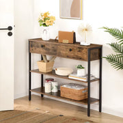 Sidetable - Smalle tafel - Smalle kast - Vakkenkast - Industrieel - Met 2 kleppen - Hout en Metaal - Bruin/Zwart - 100x24x80cm
