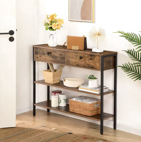 Sidetable - Smalle tafel - Smalle kast - Vakkenkast - Industrieel - Met 2 kleppen - Hout en Metaal - Bruin/Zwart - 100x24x80cm