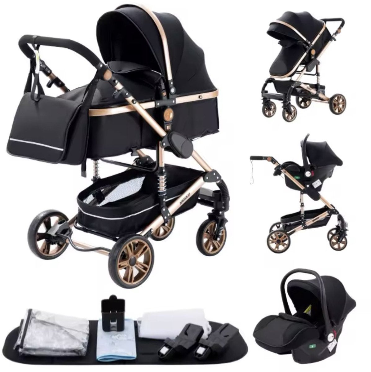 Multifunctionele 3-in-1 Combi Wandelwagen - Opvouwbare Wandelwagen - Autostoel - Inclusief Mamatas - Zwart Goud