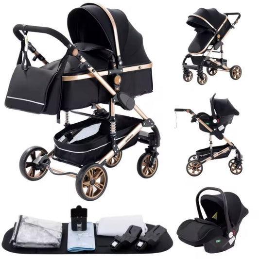 Multifunctionele 3-in-1 Combi Wandelwagen - Opvouwbare Wandelwagen - Autostoel - Inclusief Mamatas - Zwart Goud