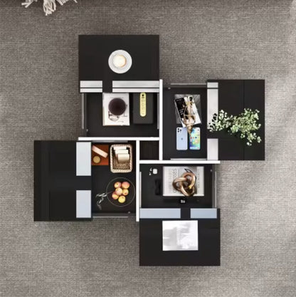 Salontafel - Hoogglans salontafel - Vierkant salontafel - 4 Lades - Uitschuifbaar - Hoogglans zwart - 70x70x35cm