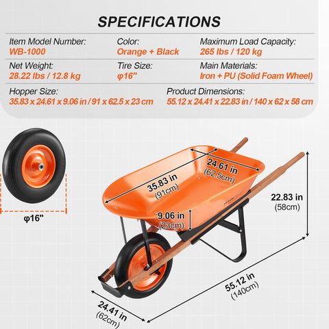 Transportkruiwagen - Ijzer + PU - Kuip met Grote Capaciteit - Eenvoudig te Monteren en op te Bergen - Max Draagvermogen120 kg - Slijtvaste Wielen - Geluidsarm - 140x62x58cm - Oranje + Zwart