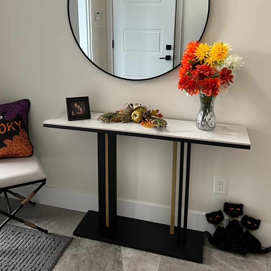 Sidetable – Consoletafel – Wandtafel – Haltafel – Bijzettafel – Krasbestendig Gesinterd Steen Blad – Zwart Gouden Metaalframe