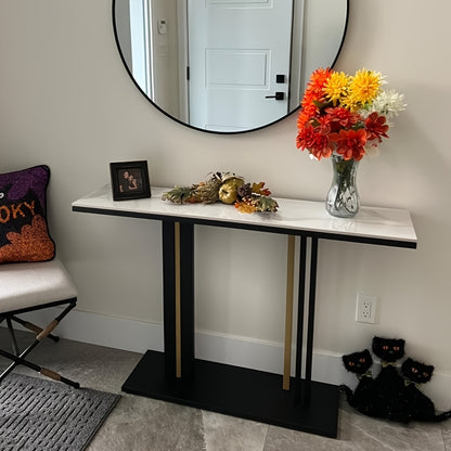 Sidetable – Consoletafel – Wandtafel – Haltafel – Bijzettafel – Krasbestendig Gesinterd Steen Blad – Zwart Gouden Metaalframe