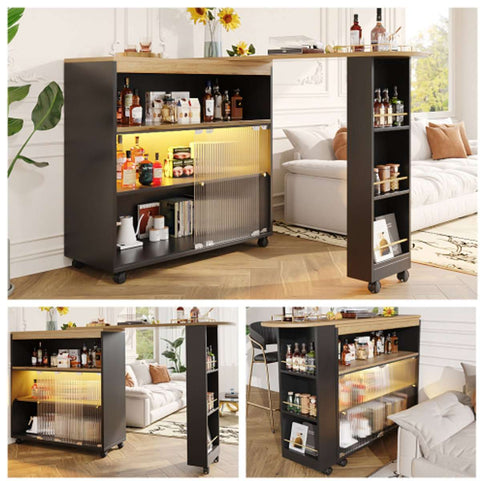 Uitschuifbare Bartafel met Opbergruimte - Moderne Verplaatsbare Bartafel - Telescopische Bartafel met LED - Bartafel - Bistrotafel - Hoge Tafel - Kookeiland - Bistrotafel - (138-204×39×105cm) - Zwart