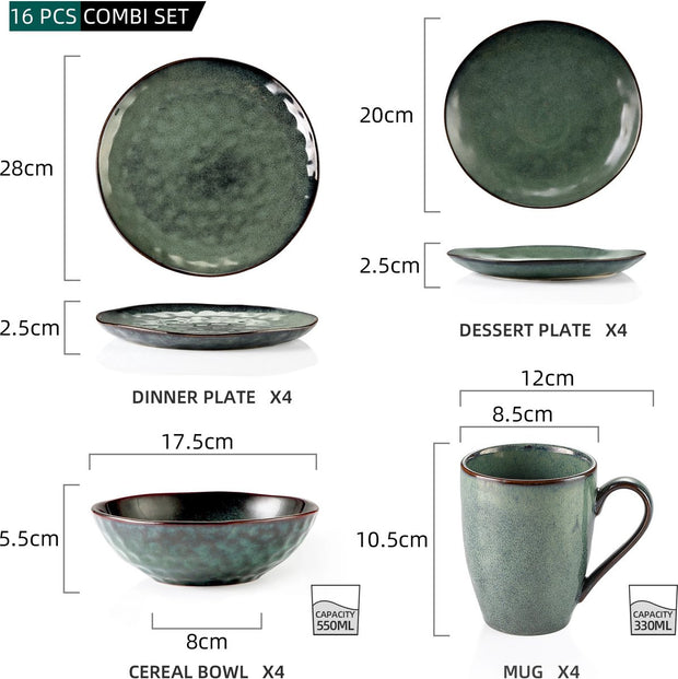 Serviesset Groen 32 Stuks - Met Mok - Glazuur Porseleinen Serviesset - Tafelgerei - Chique Serviesset - Groen