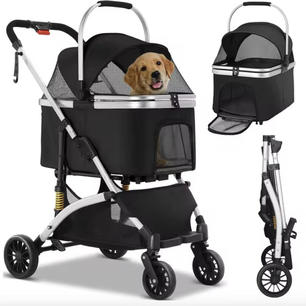 Hondenbuggy - Luxe huisdieren buggy - Buggy - Hondenwagen - Honden en katten - Opvouwbaar - Met opbergruimte - Zilver/Zwart