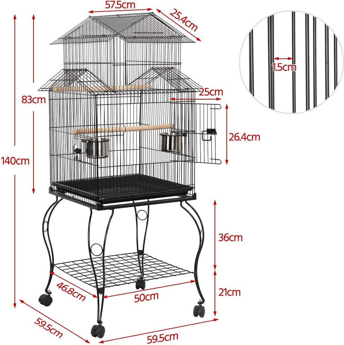 Luxe Grootte Papegaaienkooi op Wielen - Parkietenkooi - Grote Vogelkooi voor Binnen - Inclusief Speelgoed - Met Badhuis - 59x59x140cm - Zwart