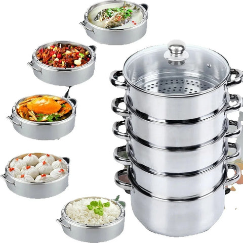 Professionele Stoompan - 5 lagen - Stoomkoker - Ø30cm - Topkwaliteit - RVS - Glazen deksel - Inductie Gas Elektrisch