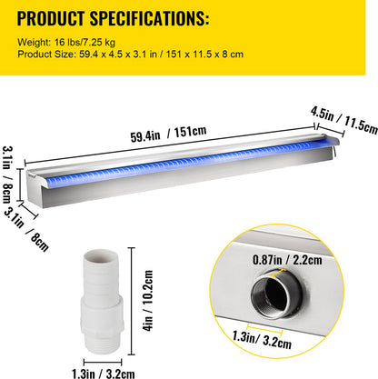 Zwembad Waterval Overloopbak - Gekleurde Led Strip Slang - Afstandsbediening - voor Vijvertuin Zwembad - Rvs - 151 x 11,5 x 8 cm