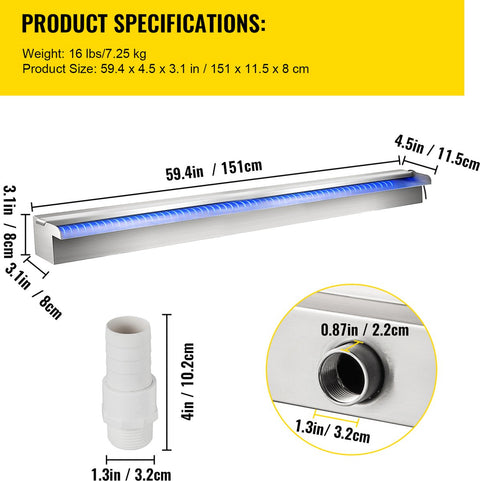 Zwembad Waterval Overloopbak - Gekleurde Led Strip Slang - Afstandsbediening - voor Vijvertuin Zwembad - Rvs - 151 x 11,5 x 8 cm