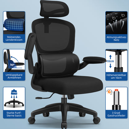 Office Chair with Adjustable Headrest, Armrests, and Lumbar Support, Load Capacity up to 150 kg
