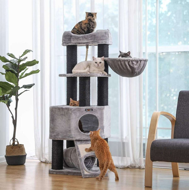 XXL Luxe Stevige Katten Krabpaal - Stevig Krabmeubel met Hangmat, Kattenhuis - Tunnel en Speeltouw - Grote Krabpaal Klimpaal - 141 cm Hoog - Grijs/Zwart
