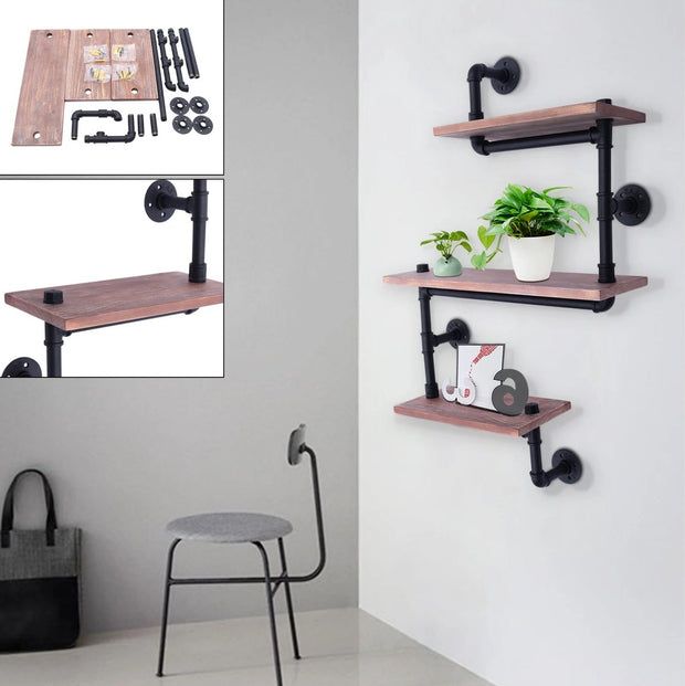 Floating wall shelf - Wall rack - 3 tiers - Vintage Industrial Wall - Shelf Wood Industrial Pipe Shelves