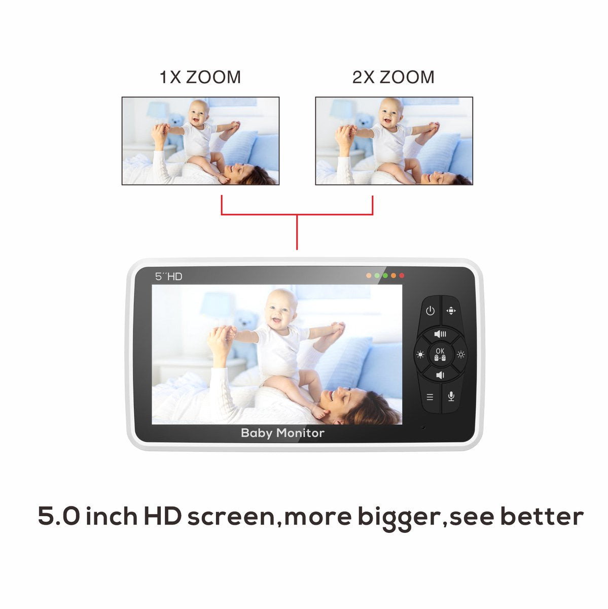 Baby Monitor - Temperature Sensor - Nightlight - Remote Control - Music - 5 Inch - Screen - Video - Baby Monitor With Camera And Audio - 4X Zoom - 22Hrs Battery Life - 1000ft - Range - 2-Way - Audio - Power Saving - Intercom