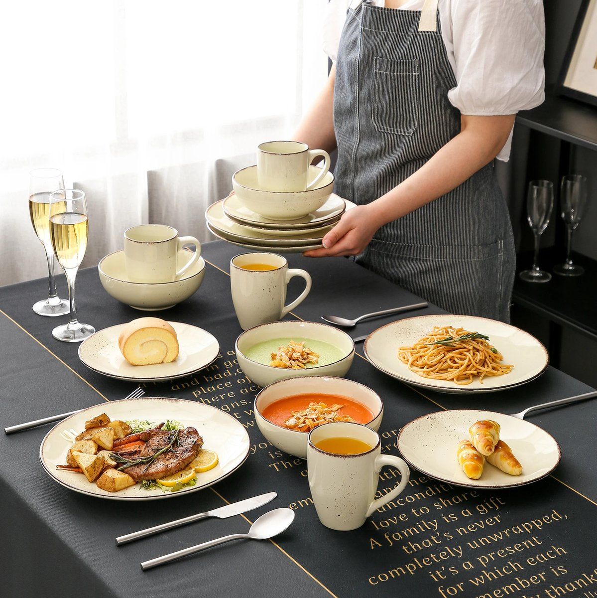 Luxe Serviesset – 32 Delig – 8 Persoons – Keramiek - Bordenset – Dinnerplaten – Dessertborden - Kommen - Mokken - Schaaltjes - Beige