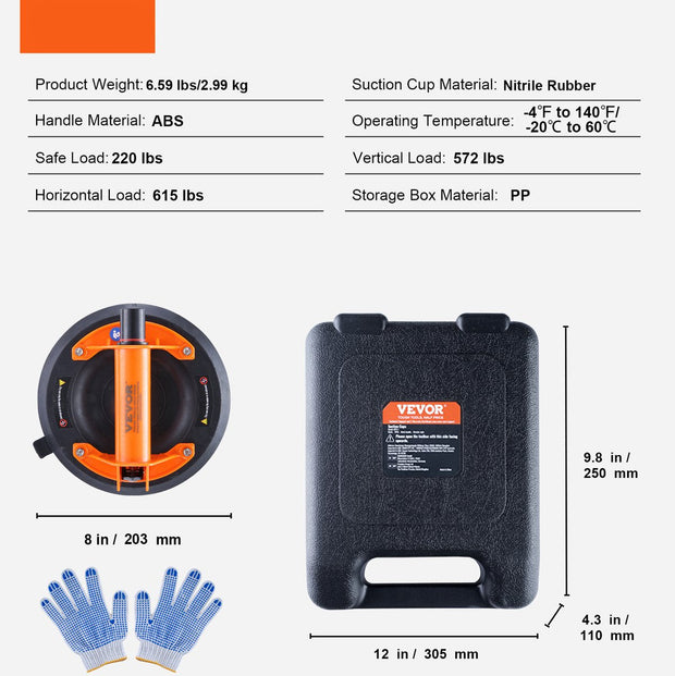 Set van 2 Glazen Zuigheffers - NBR - φ203mm Diameter - Draagvermogen 99-278kg - Bedrijfstemperatuur -20-60℃ - Platenheffer Vacuümzuignap - met ABS Handvat - Opbergdoos Handschoenen