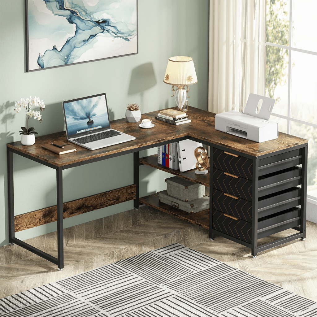 Groot L-vormig Bureau – Hoekbureau – Computertafel – Werkplek – Bureau met Opberglades – Stevig Fiberboard – Wisselbare Hoekopstelling – Bruin Modern Design
