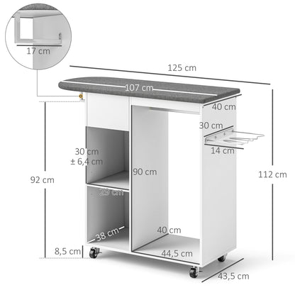 Strijkkast – Strijkplank – Strijkstation – Kledingkast – Opbergmeubel – Met Wielen – 125 x 43,5 x 112 cm – Houten Frame – Inclusief Kledinghanger
