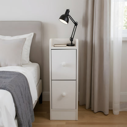 Nachtkastje – Bedside Table – Bijzettafel – Opbertkastje – Smal Kastje – Wit – Ruimtebesparend – 2 Laden Met Soepele Glijders