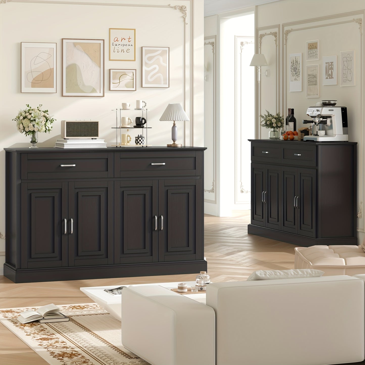 Dressoir – Opbergkast – Ladekast – Buffetkast – Kast – Zwart Hout – Grote Opbergruimte – Modern Design