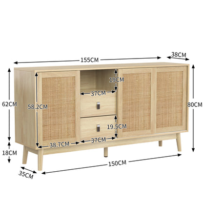 Dressoir – Sideboard – Opbergkast – Kast – Modern Meubel – 3 Schuifdeuren – 2 Lades – Natuurlijk Houtkleur – Ventilerende Rattan Deuren – Ruime Opbergruimte – Stevige Constructie – 155x38x80 cm