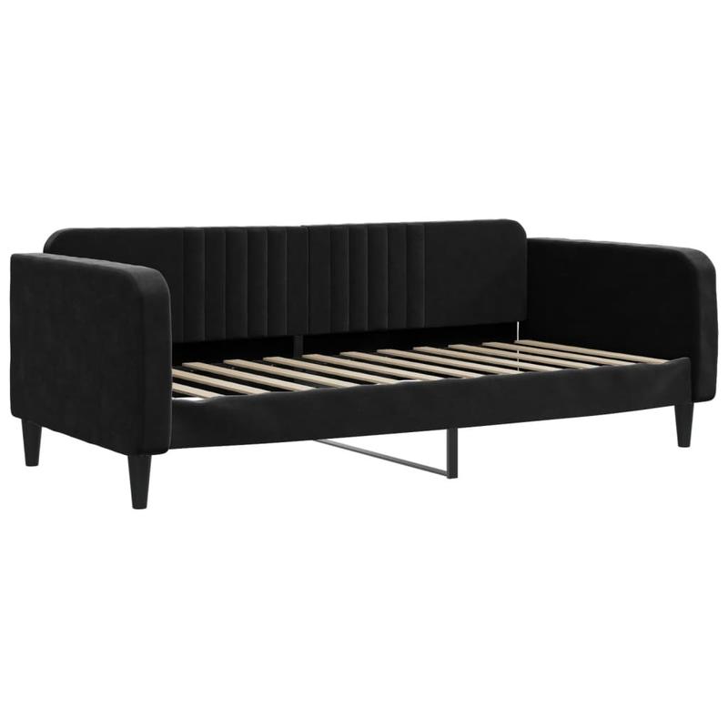Bedframe – Eenpersoonsbed – Slaapbank – Ledikant – Bedbank – Minimalistisch Hoofdbord – Zwart Velvet – Stevig Houten Frame – Geschikt Voor Matras 90x200 cm