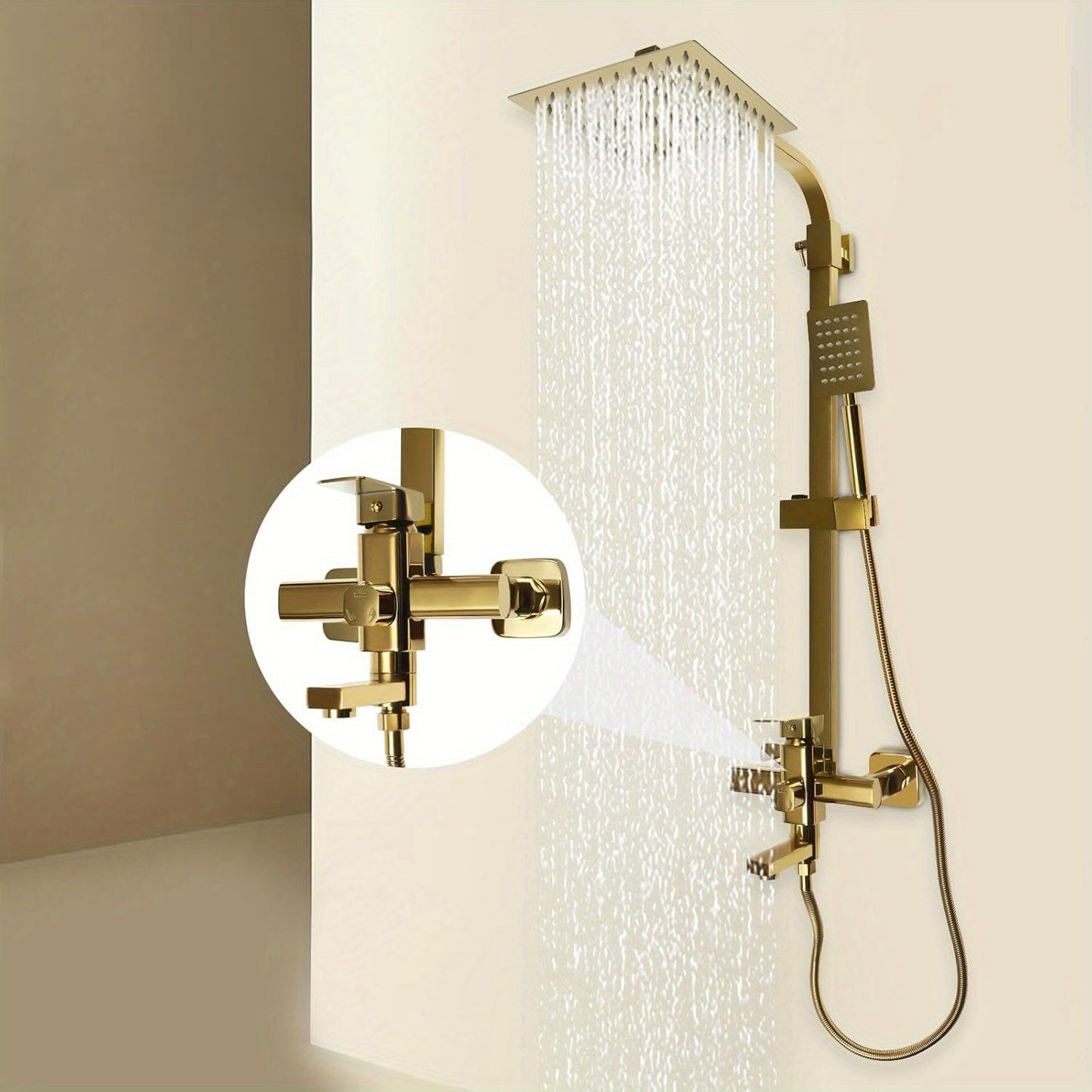 Douche Systeem – Regendouche – Douche Set – Messing Kraan – Verstelbare Douchekolom – Gouden Afwerking – 20x20 cm Regendouche – 1,5 Meter RVS Slang