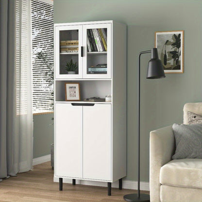 Boekenkast – Boekenrek – Opbergkast – Vakkenkast – Wandkast – Modern – Met 4 Glazen Deuren – Verstelbare Planken – Metalen Stevige Constructie – Verticale Ruimtebesparing – Wit