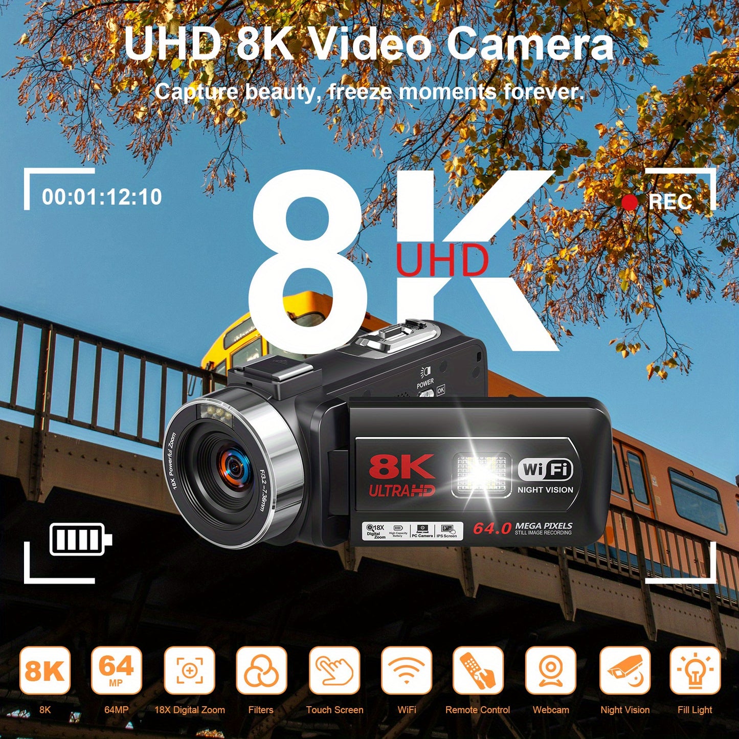 8K Videocamera – Camcorder – Vlogcamera – Digitale Camera – Nachtcamera – 64MP Fotoresolutie – Infrarood Nachtzicht – Zwart
