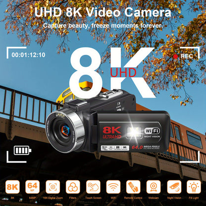 8K Videocamera – Camcorder – Vlogcamera – Digitale Camera – Nachtcamera – 64MP Fotoresolutie – Infrarood Nachtzicht – Zwart