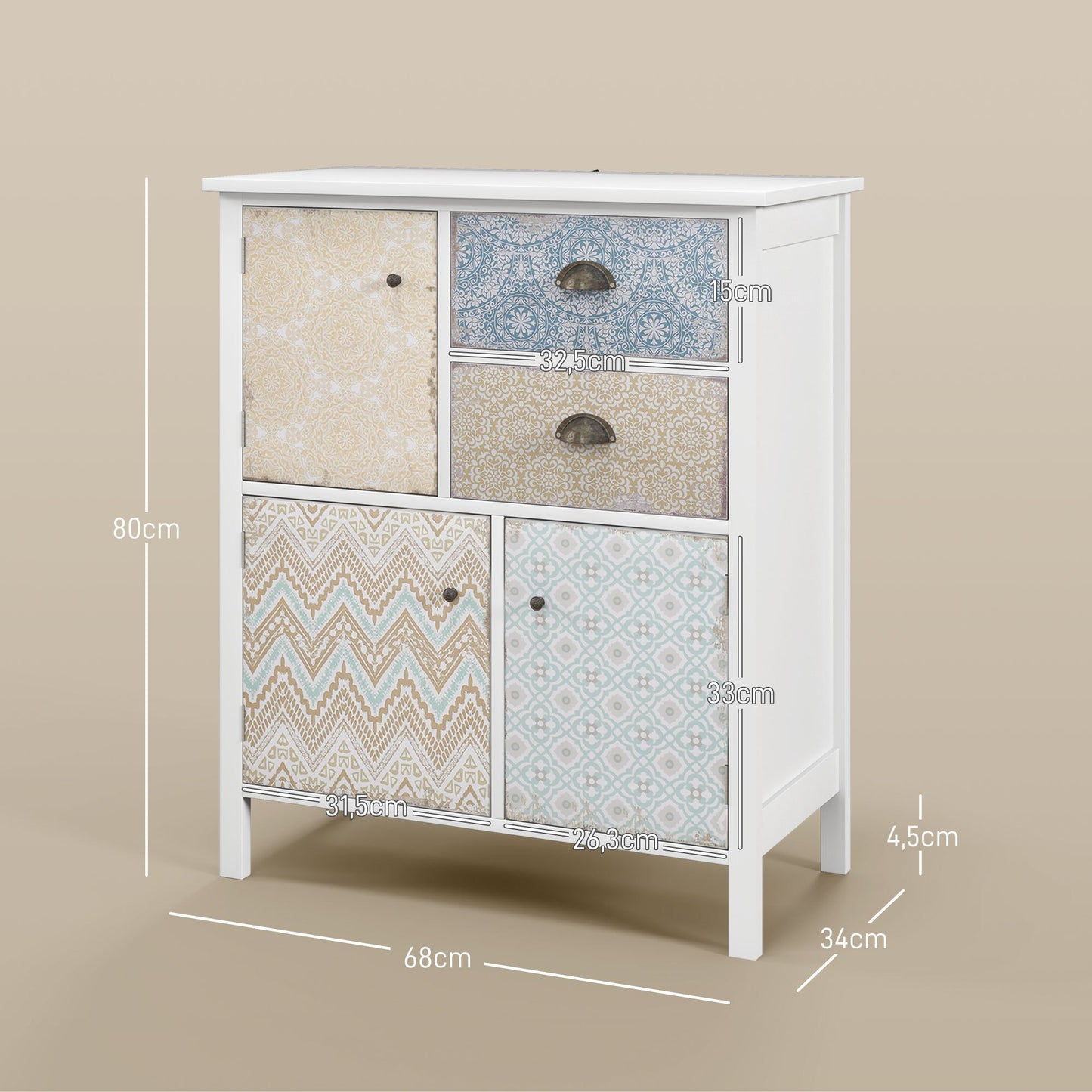 Sideboard – Dressoir – Opbergkast – Bijzetkast – Ladekast – Wit Shabby Chic – Massief Dennenhout – Compact Formaat 68x34x80 cm