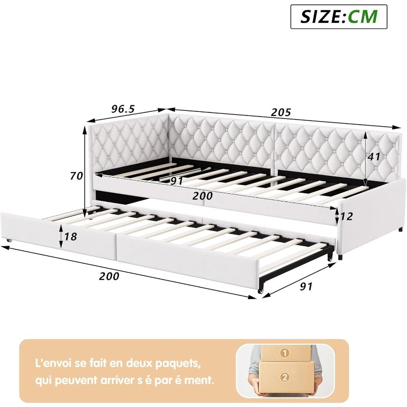 Slaapbank – 2-Zits Bedbank – Uitklapbare Bank – Gigogne Bed – Banquette Bed – Beige Velvet – 90x200 cm – Stevig Houten Frame