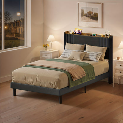 Tweepersoonsbed – Bedframe – Slaapbank – Opbergbed – Hoogslaper – 120x200 cm – Stijlvol Beige – Met Opbergruimte Hoofdbord – Stevig Hout-Metaal Frame