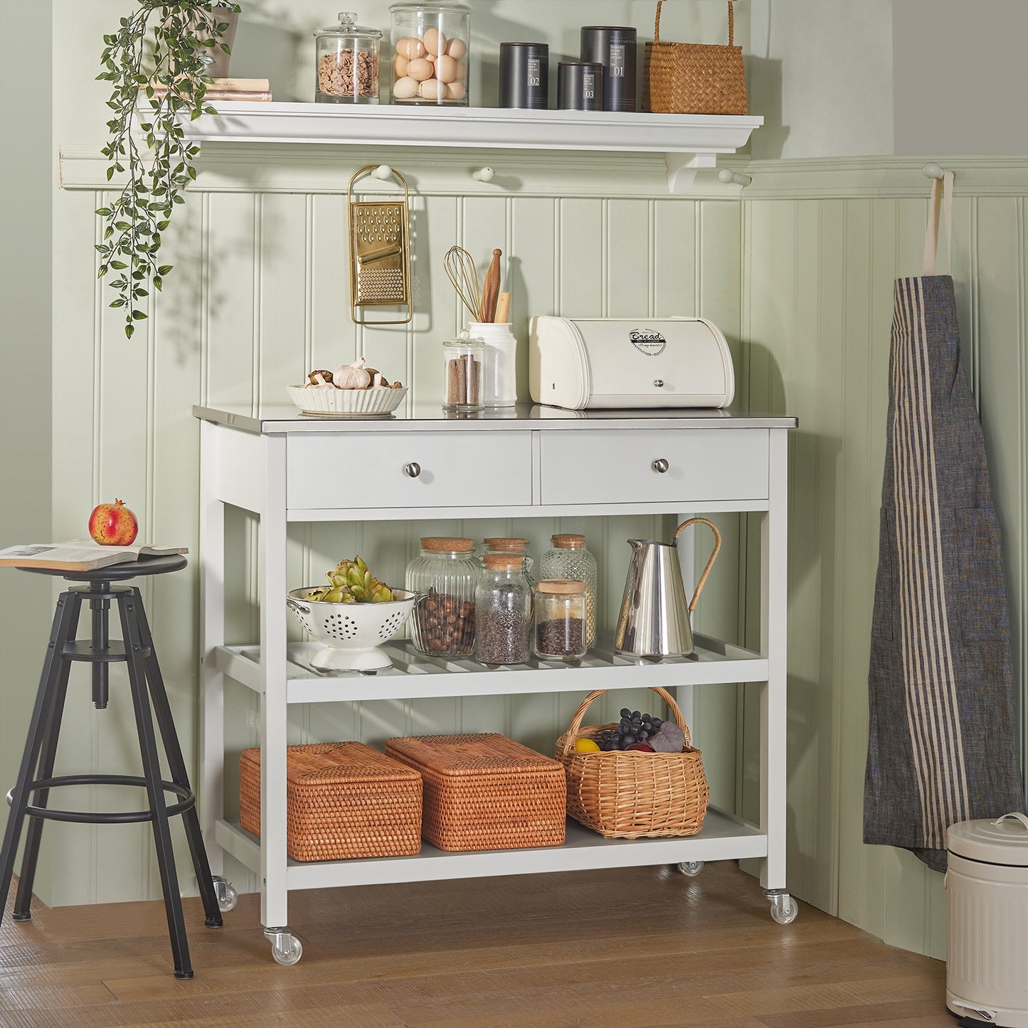 Keukentrolley – Serveerwagen – Keukenkast – Trolley op Wielen – Keukenwagen – Compact 81x90x45 cm – MDF en RVS Werkblad – Mobiel met 4 Wielen en Remmen